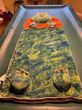 Plush Green & Blue Dinosaur Reptile kids child Hug Fun Sleeping Bag nap or camp
